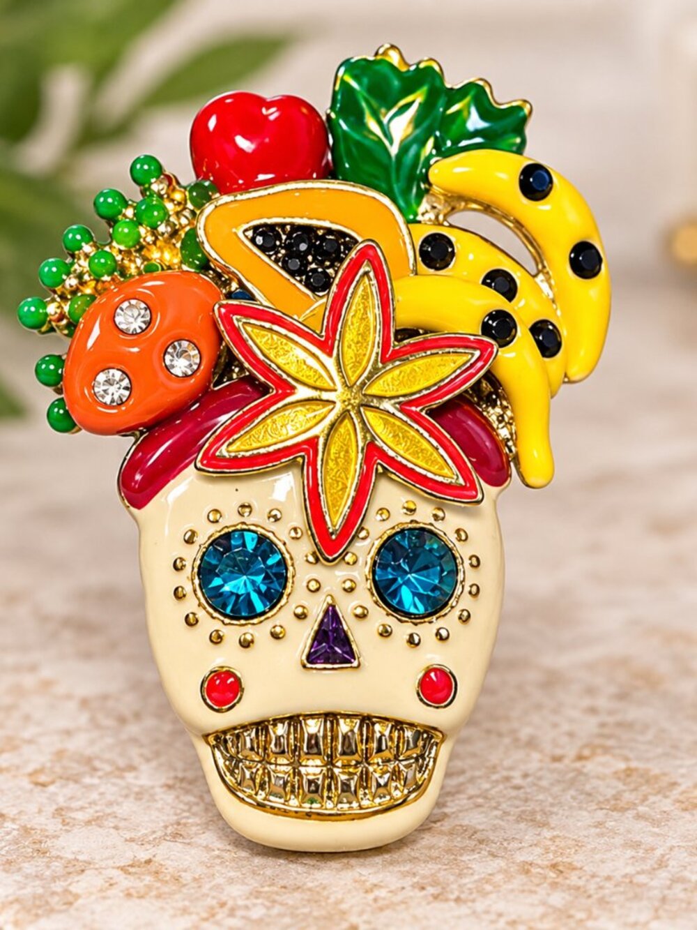 Sugar Skull Statement Ring Colorful Rhinestone Enamel Gold Tone Day of the Dead